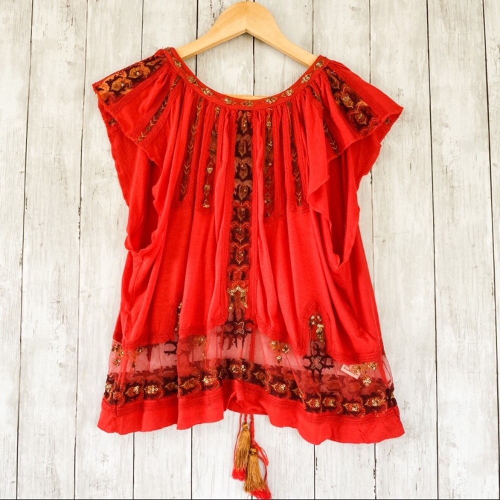 Free People Red Embroidered Sequin Sheer Panel Peasant Blouse Top w/Back Tassels - Picture 7 of 15